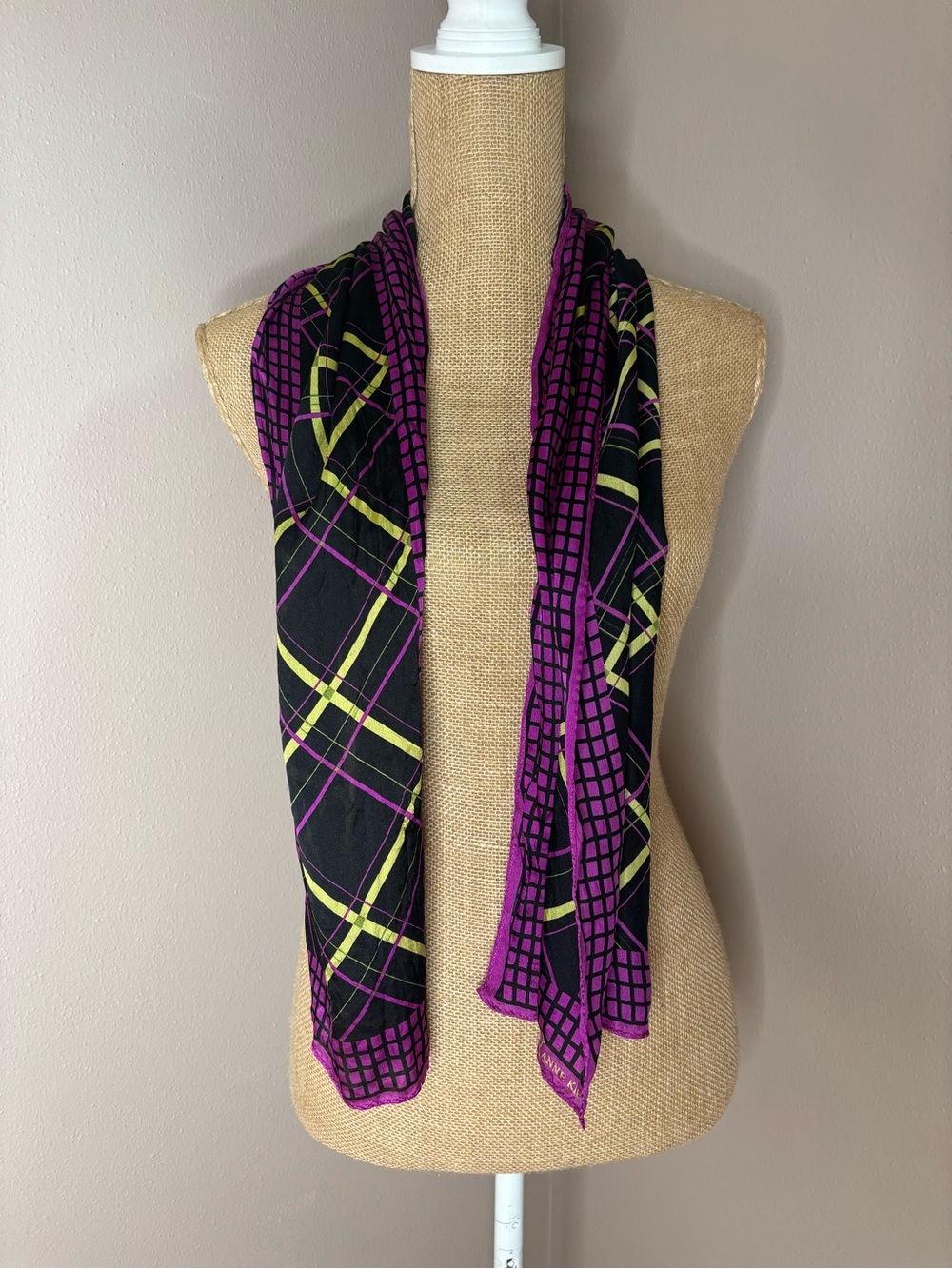 Anne Klein Purple and Black Plaid Lightweight Women's Silk Scarf